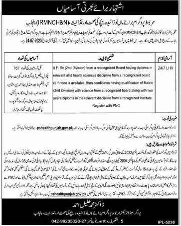 Lady Health Visitors (LHV) and Charge Nurses Jobs 2023 in Punjab