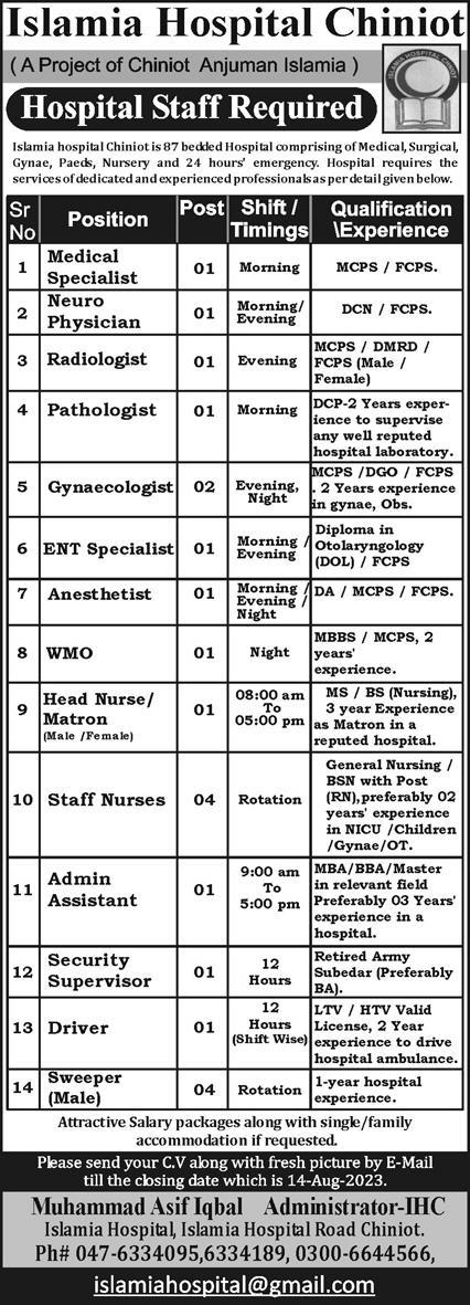 Islamia Hospital Chiniot Punjab Jobs 2023 New Vacancies
