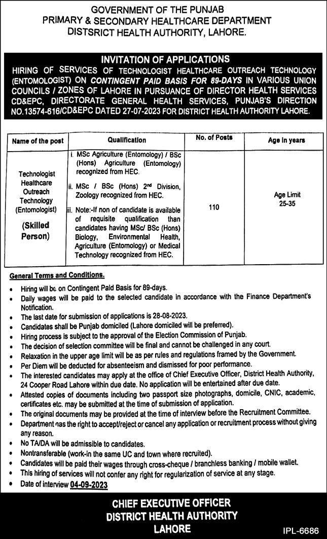 Primary & Secondary Healthcare Department Lahore Jobs 2023 New Vacancies