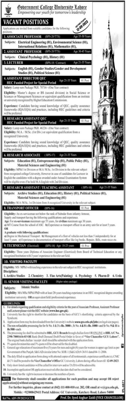Government College University Lahore Jobs 2023 New Vacancies
