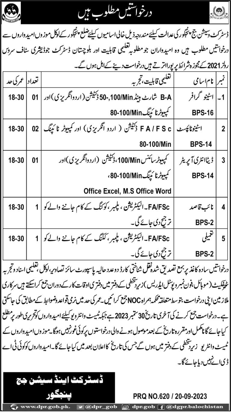 District And Session Judge Panjgoor Balochistan Jobs 2023