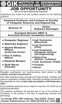 GIK Institute of Engineering Science & Technology Jobs 2023