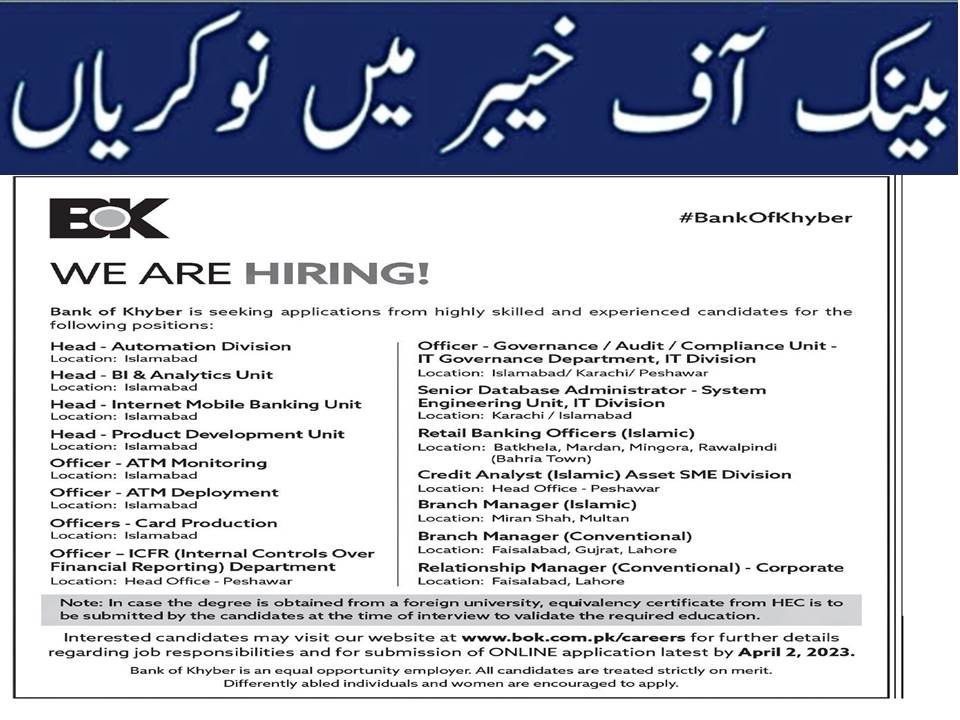 Bank of Khyber BOK Latest Advertisement Jobs 2023