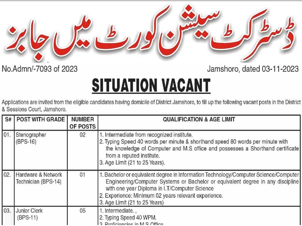 District and Session Courts Jamshoro Latest Advertisement Jobs 2023