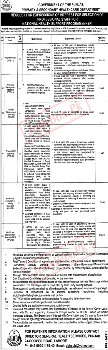 Primary and Secondary Healthcare Department Punjab Latest Advertisement Jobs 2023