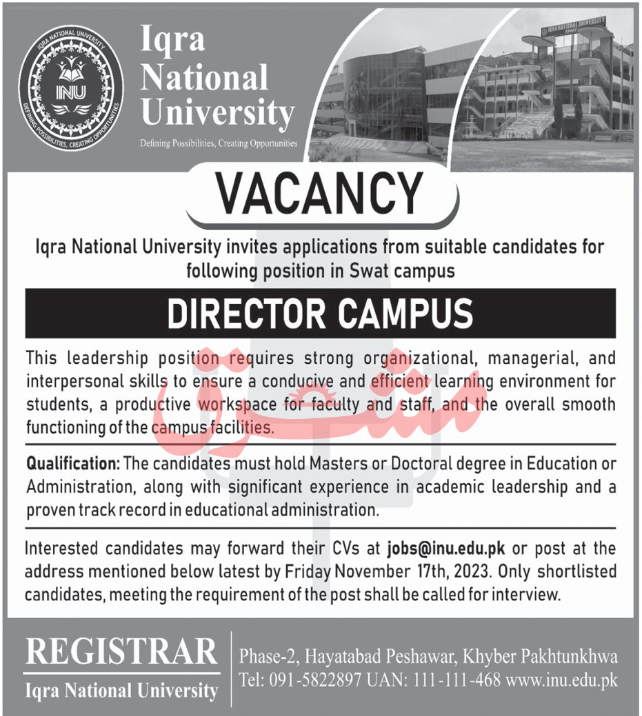 Iqra National University Peshawar Latest Advertisement Jobs 2023