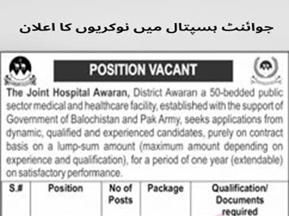 Joint Hospital Awaran Latest Advertisement Jobs 2023
