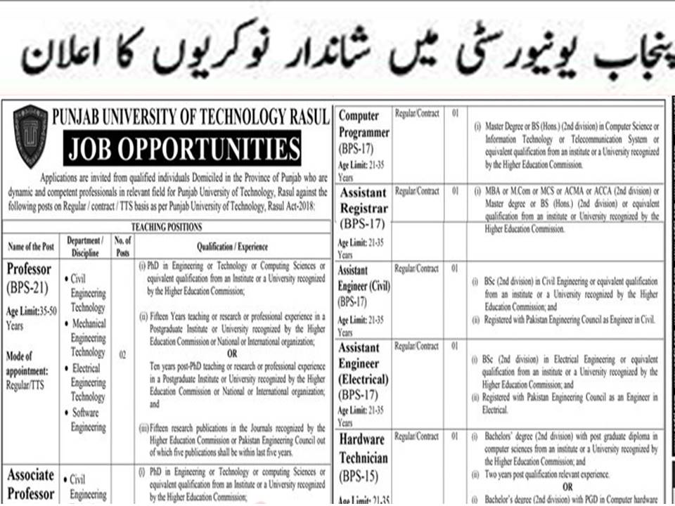 Punjab University of Technology Latest Advertisement Jobs 2023