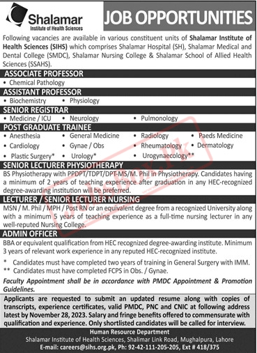 Shalamar Institute Of Health Sciences SIHS Latest Advertisement Jobs 2023