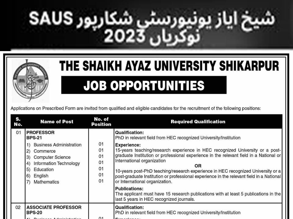 Shaikh Ayaz University Shikarpur Latest Advertisement Jobs 2023