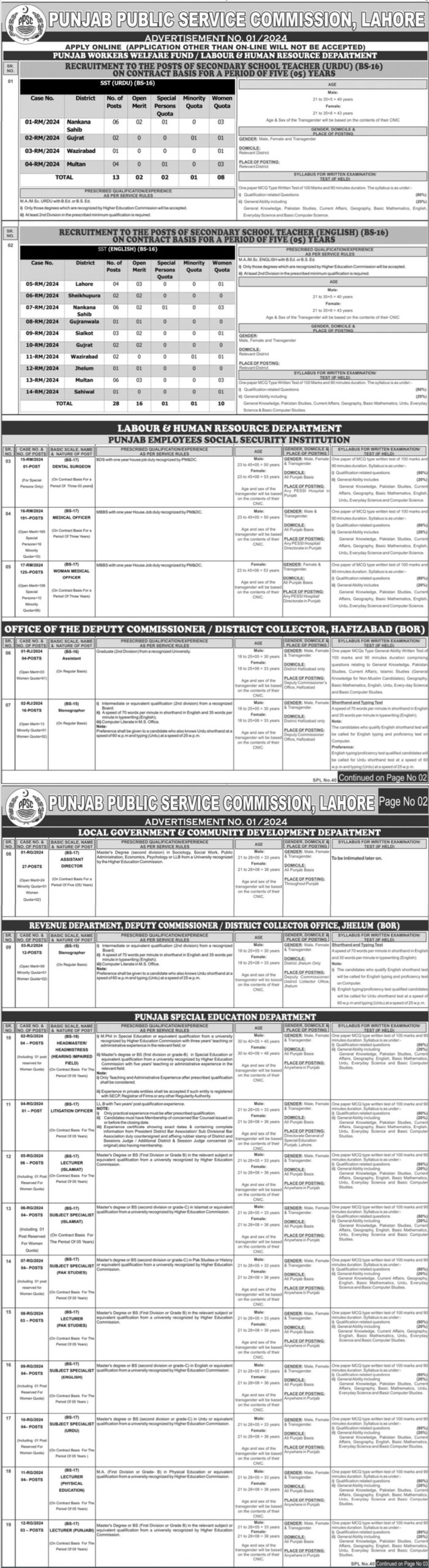 Jobs Advertisement No 01/2024 At PPSC