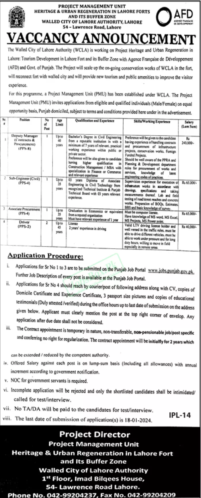 Walled City Of Lahore Authority WCLA Jobs 2024