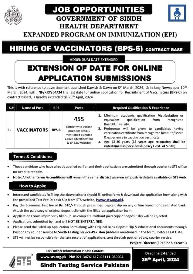 455 Vacancies of Vaccinators (BPS-06) in Health Department Sindh 2024