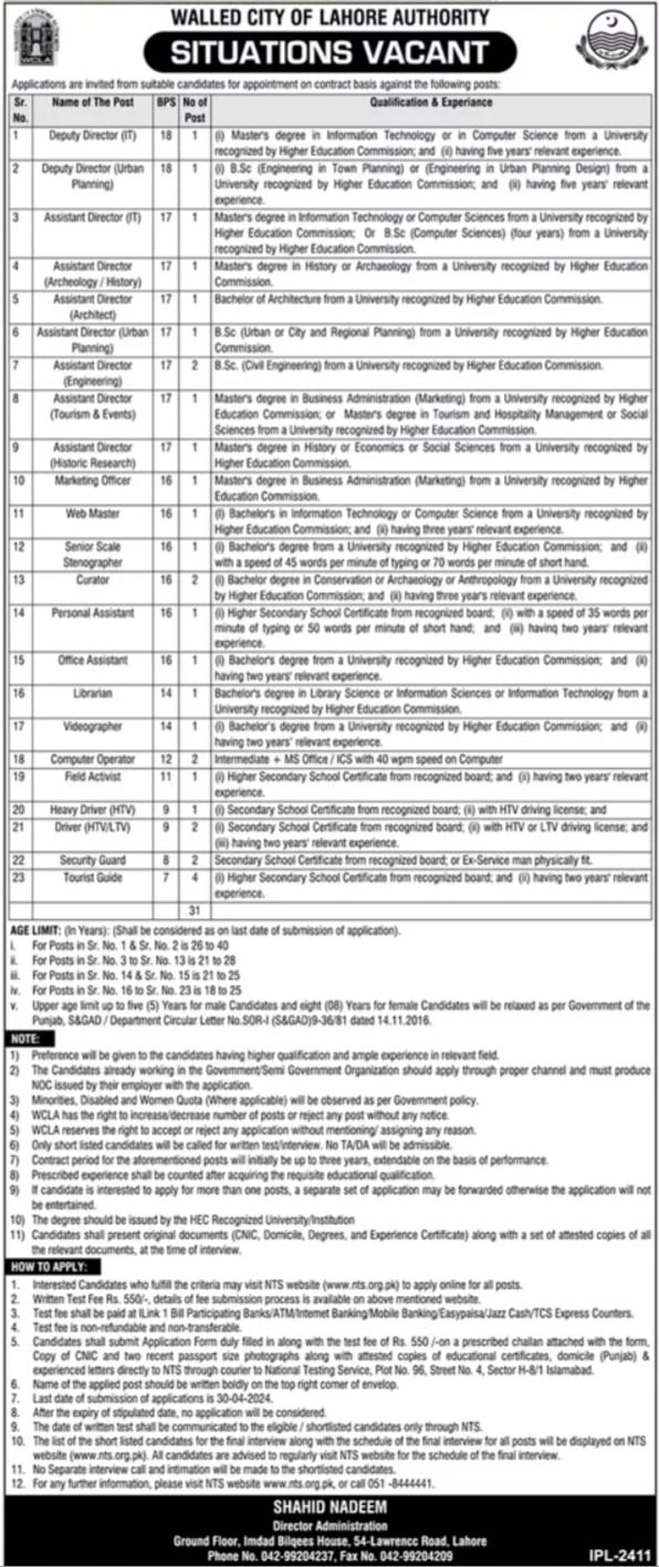 Walled City Of Lahore Authority Jobs 2024 Assistant Director