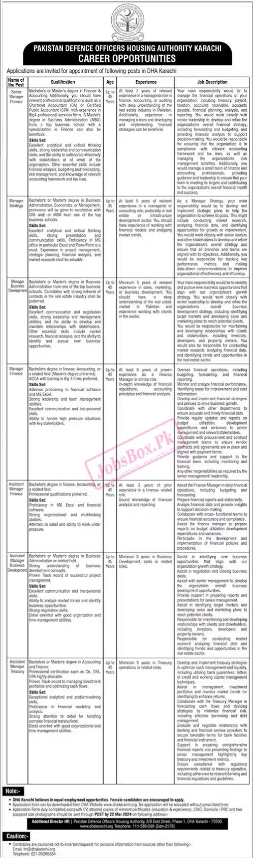 Defence Housing Authority DHA Karachi Jobs March 2024