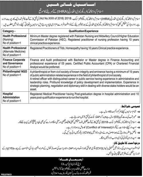 Islamabad Healthcare Regulatory Authority IHRA Jobs 2024