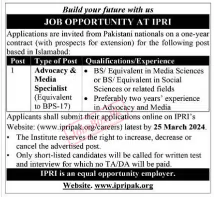 Islamabad Policy Research Institute IPRI Jobs March 2024