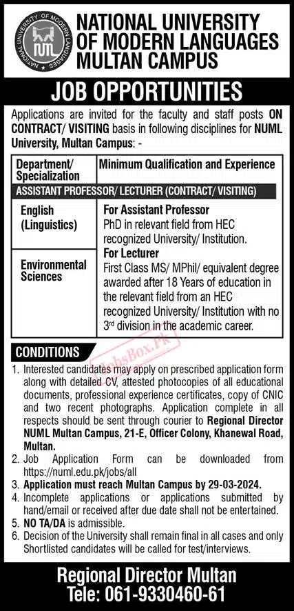 NUML Multan Campus Jobs March 2024