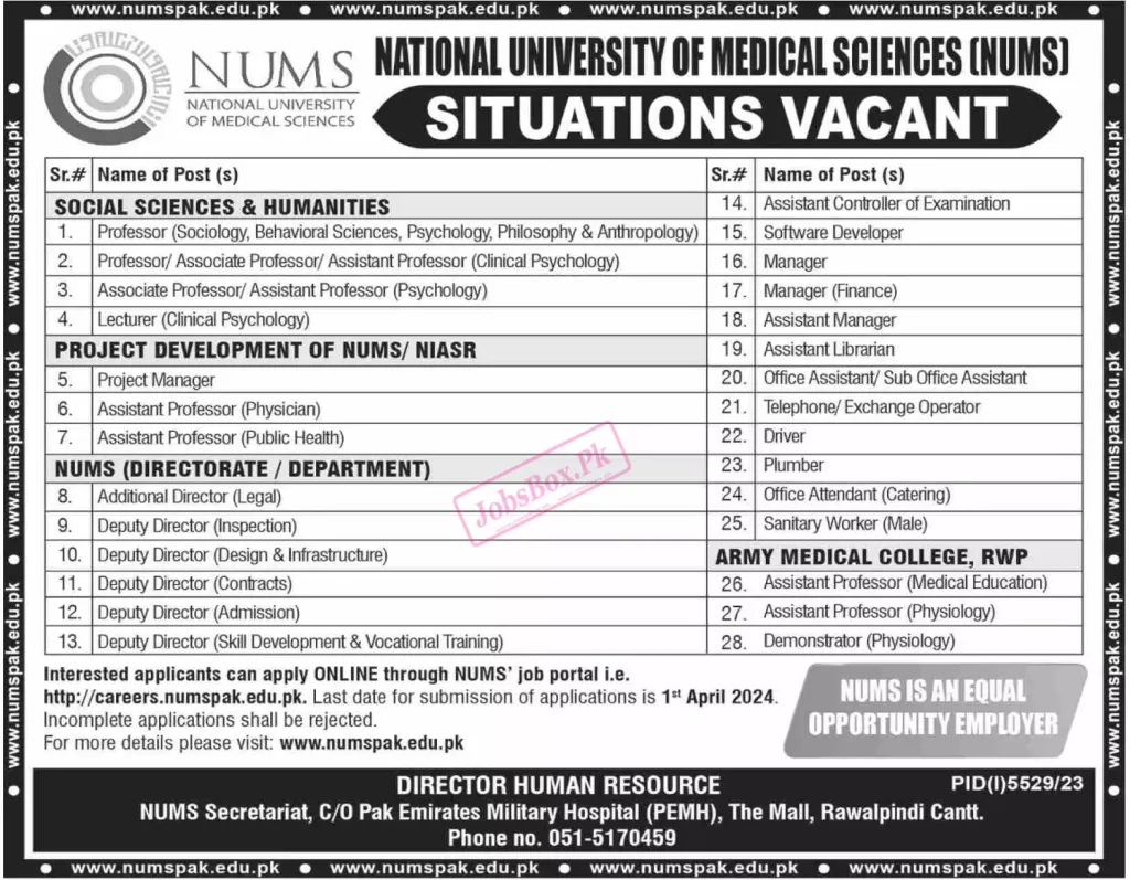 NUMS Jobs March 2024 National University of Medical Sciences