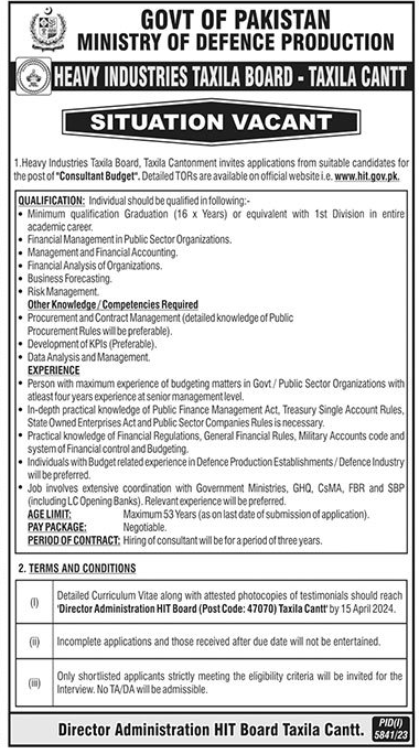 Consultant Budget Vacancy Announcement Heavy Industries Taxila Board (HIT) 2024