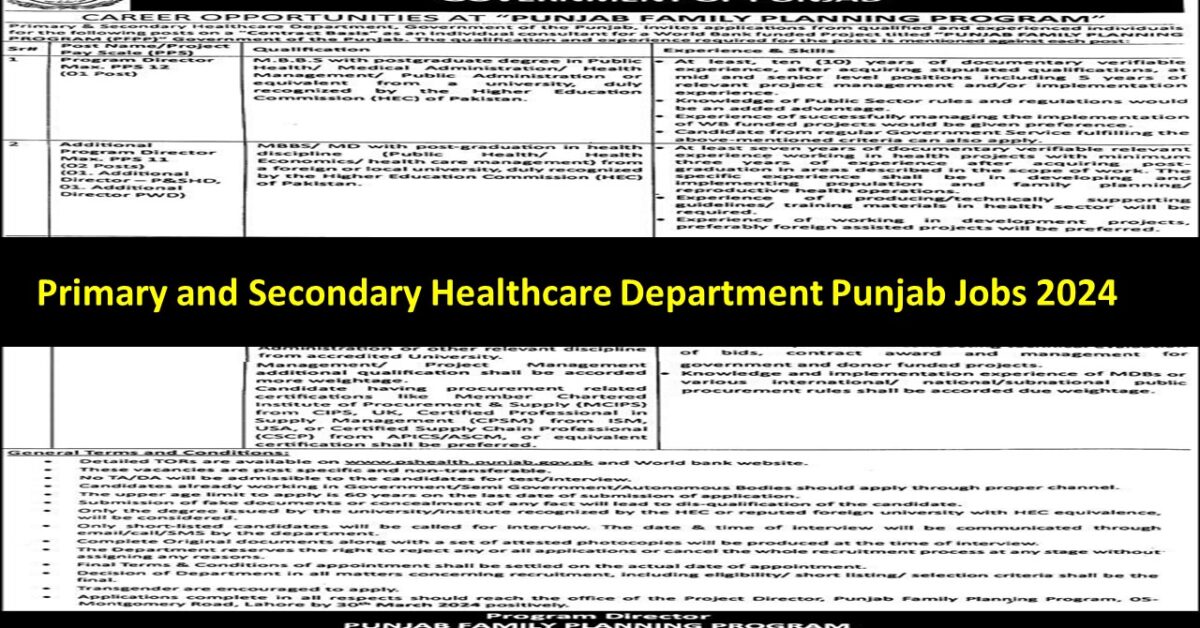 Primary and Secondary Healthcare Department Punjab Jobs 2024