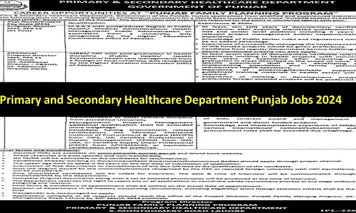 Primary and Secondary Healthcare Department Punjab Jobs 2024