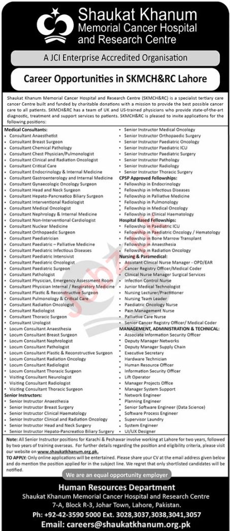 Shaukat Khanum Cancer Hospital Lahore Jobs 2024