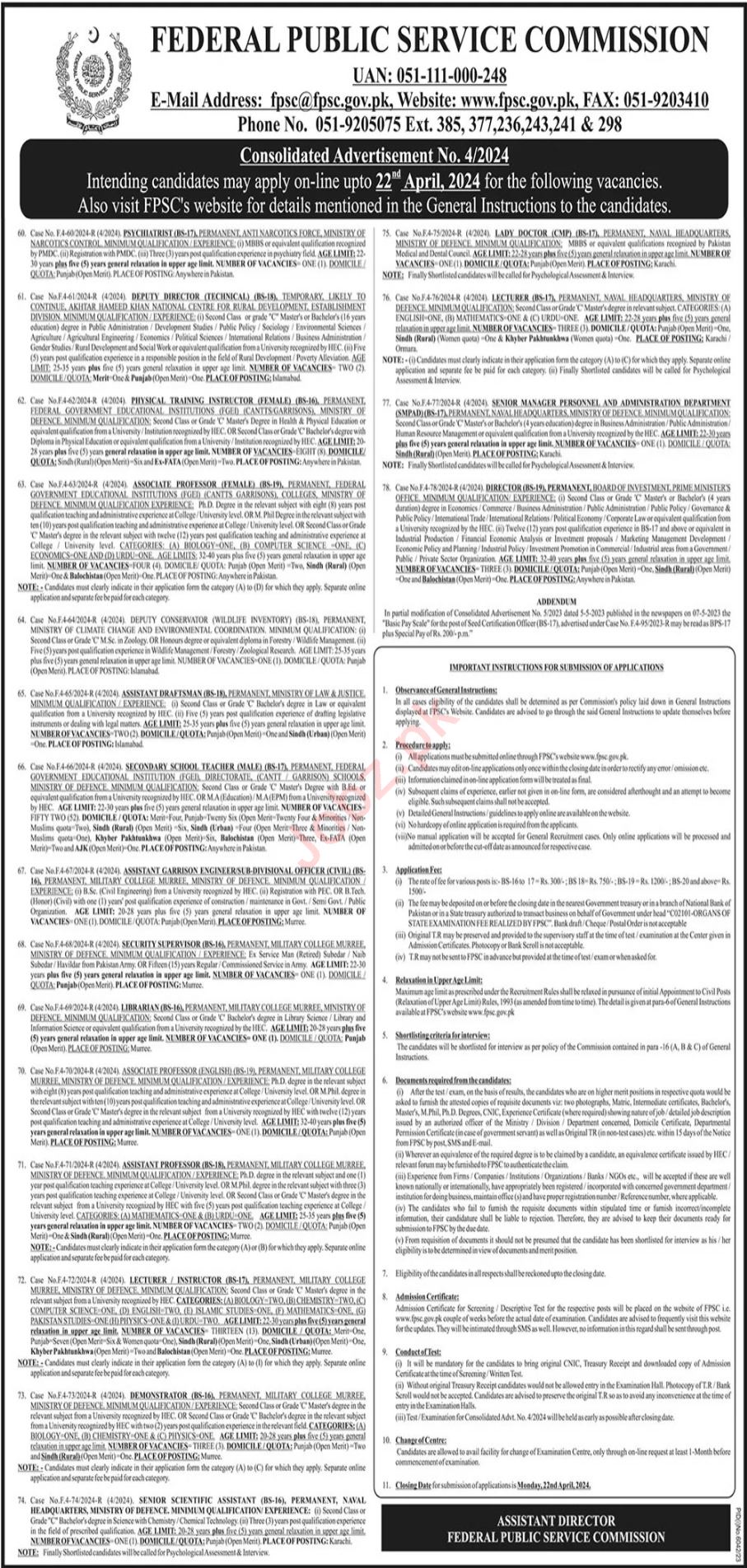 Advertisement No 4/2024 For Jobs At FPSC