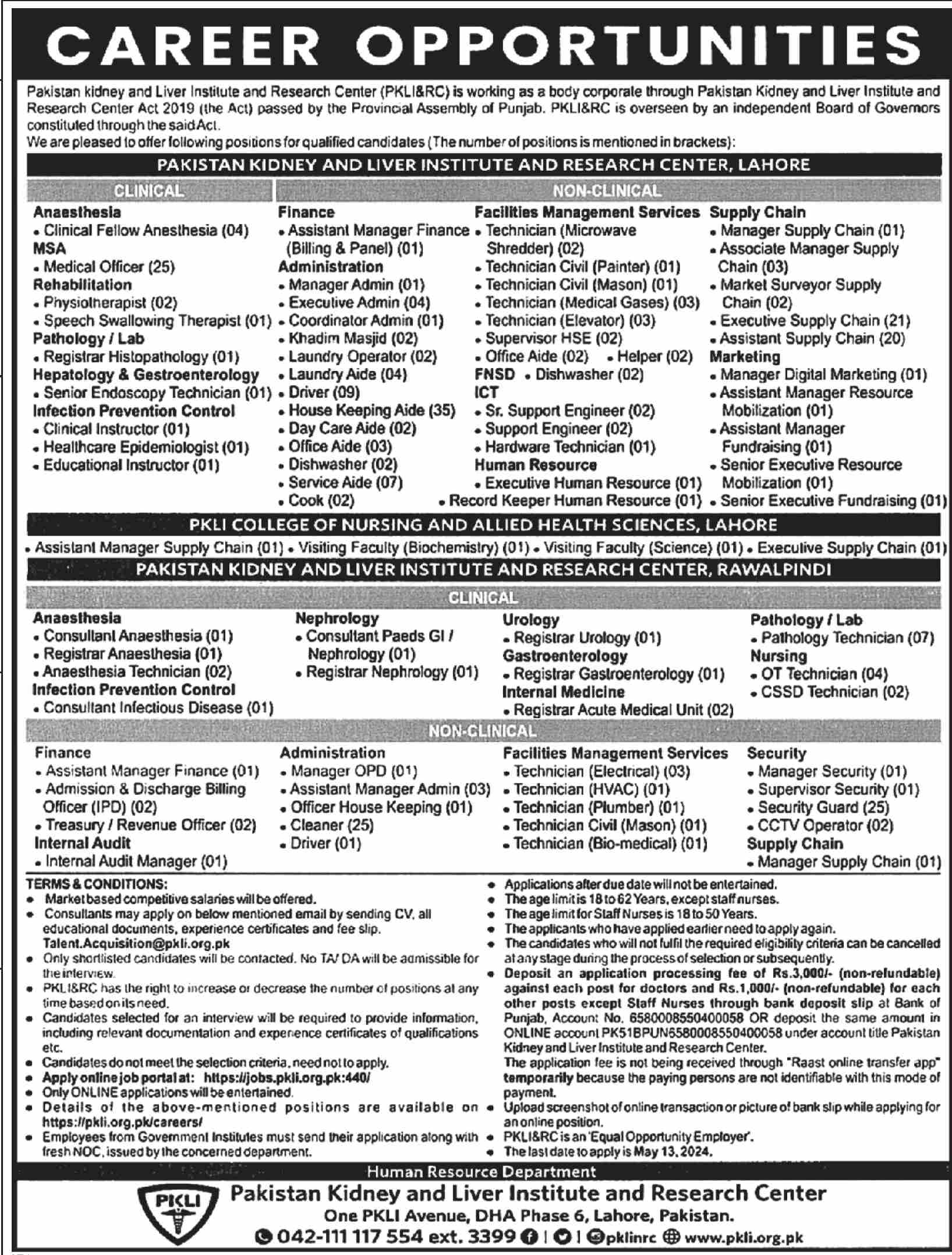 Situations Vacant At Pakistan Kidney And Liver Institute 2024