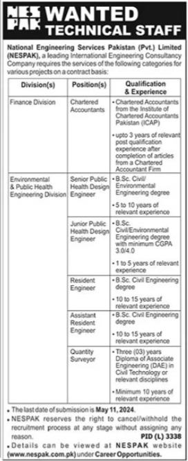 Jobs Vacant At National Engineering Services Pakistan NESPAK 2024