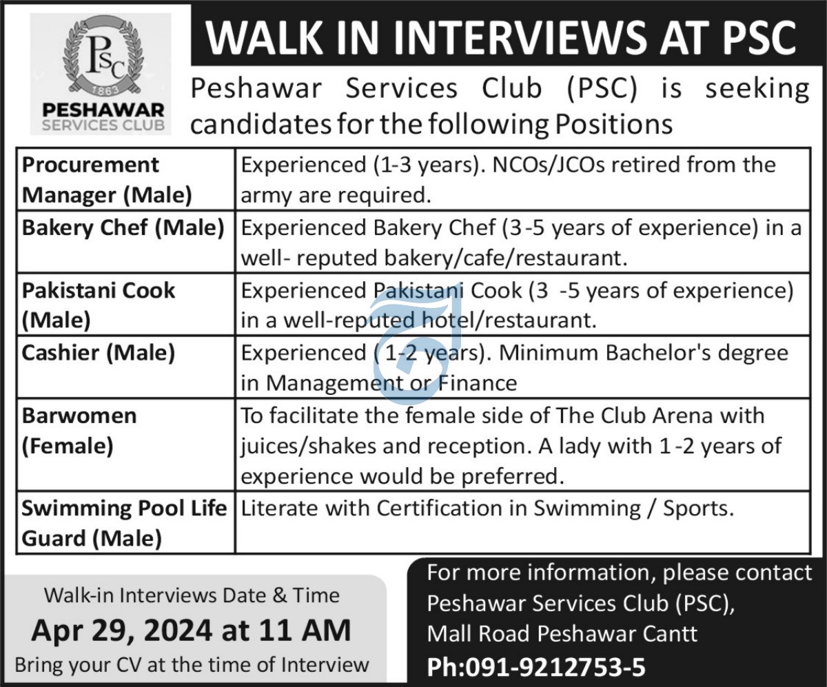 Walk In Interviews For Jobs At Peshawar Services Club 2024