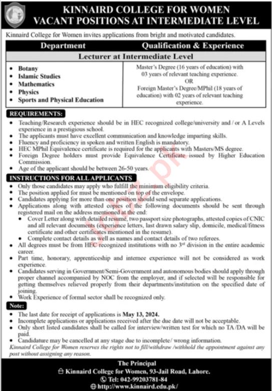 Kinnaird College For Women Jobs 2024