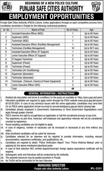 Punjab Safe Cities Authority (PSCA) Lahore Jobs April 2024