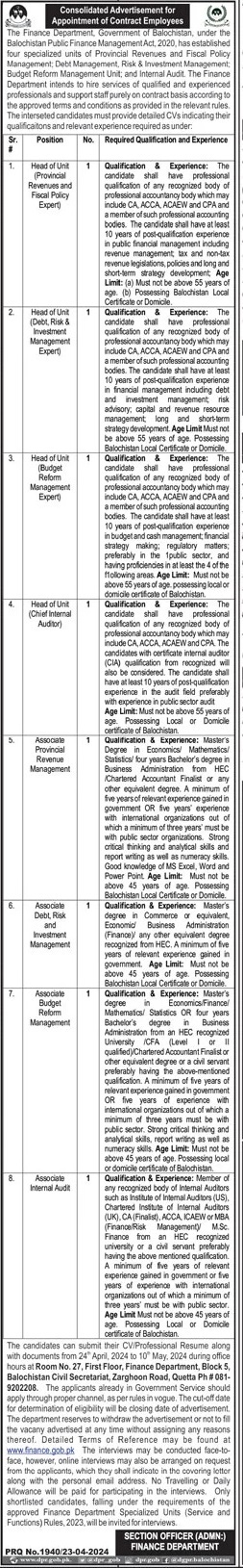 Consolidated Advertisement for Appointment of Contract Employees in Finance Department Balochistan