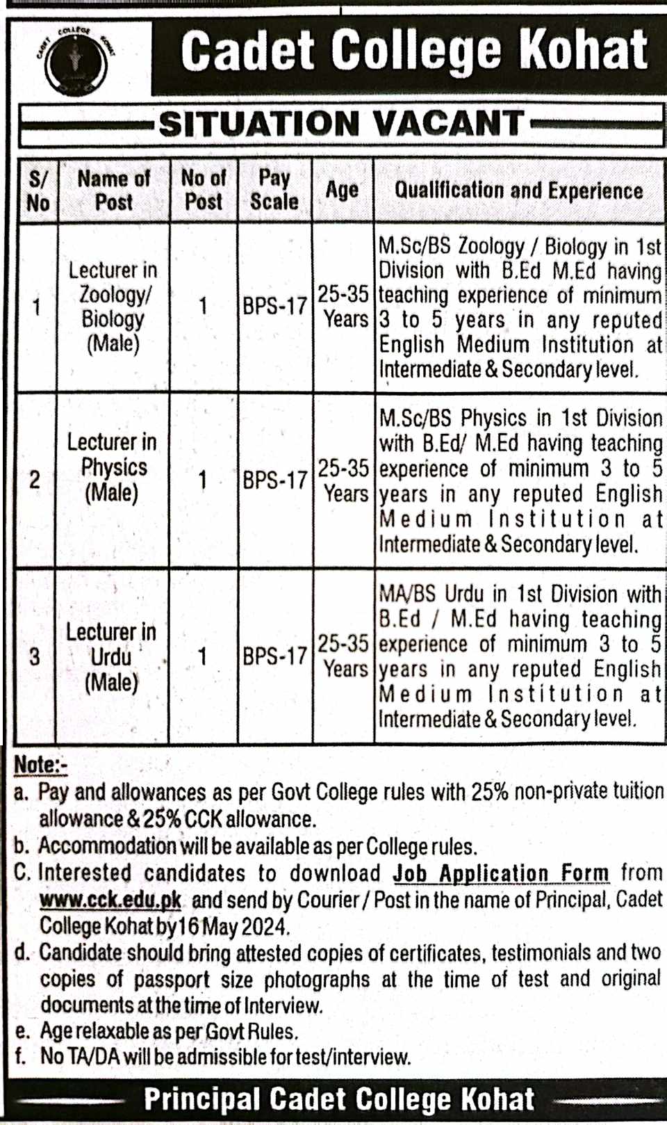 Cadet College Kohat Situation Vacant for Lecturers (BPS-17) 2024