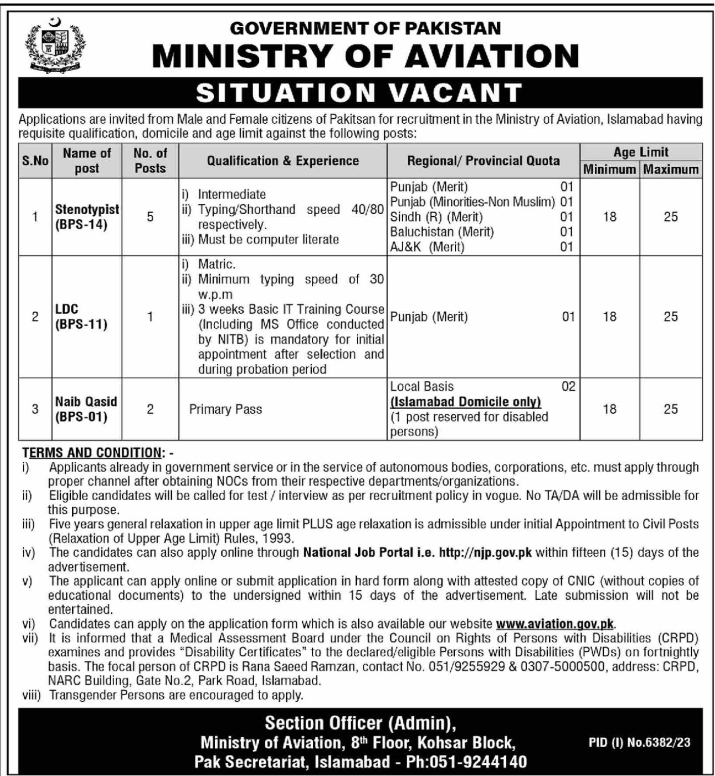Ministry of Aviation Stenotypists, LDCs and Naib Qasids Jobs 2024
