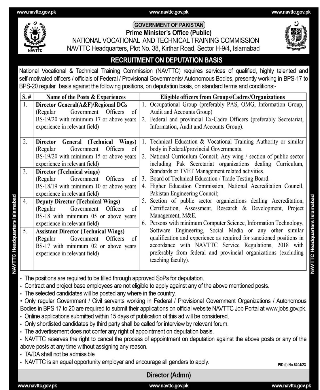 Recruitment on Deputation Basis in National Vocational & Technical Training Commission Islamabad