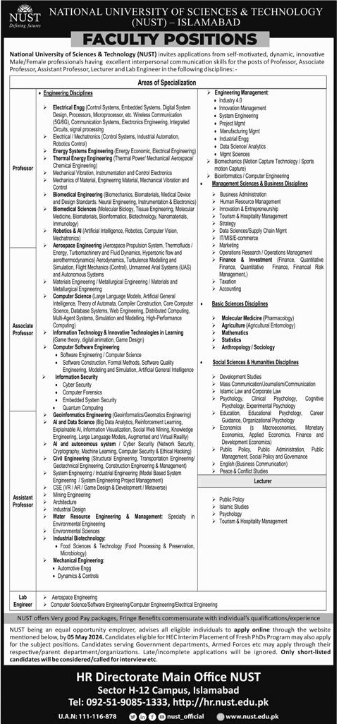 National University of Science & Technology (NUST) Islamabad Teaching Jobs 2024