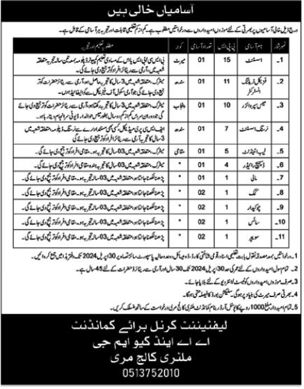 Military College Murree (MCM) BPS-01 to BPS-15 Jobs 2024