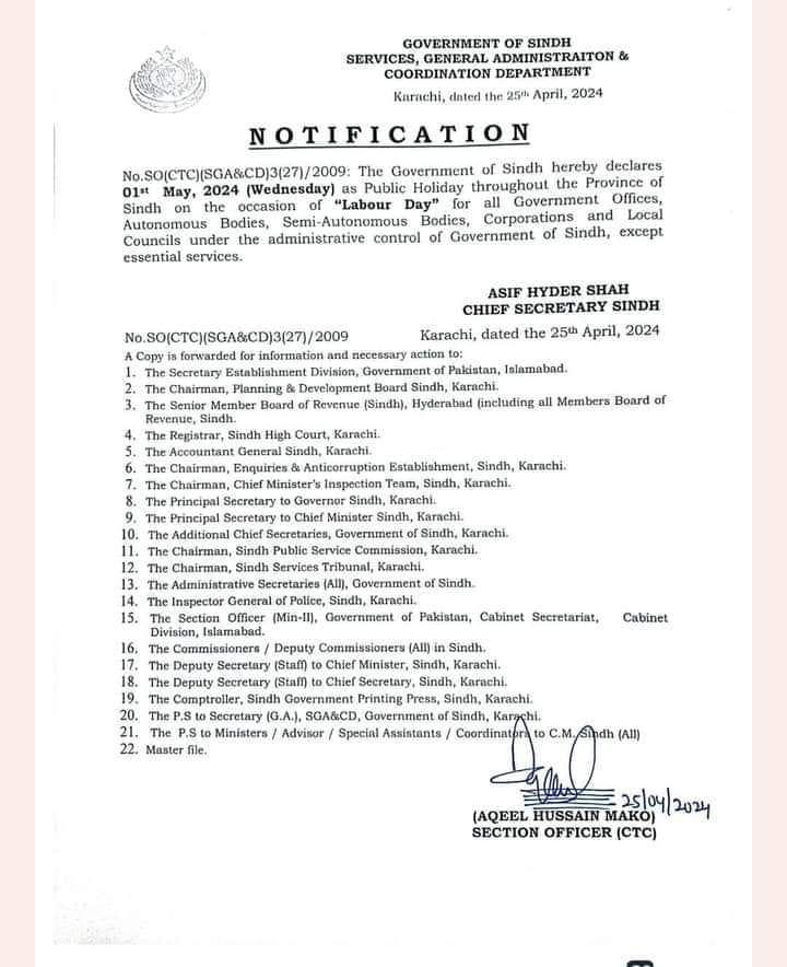 Notification Public Holiday on 1st May 2024 (Wednesday) in Sindh
