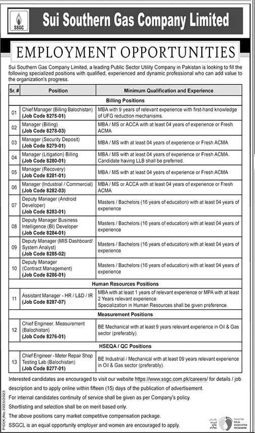 Sui Southern Gas Company Limited (SSGCL) New Jobs April 2024