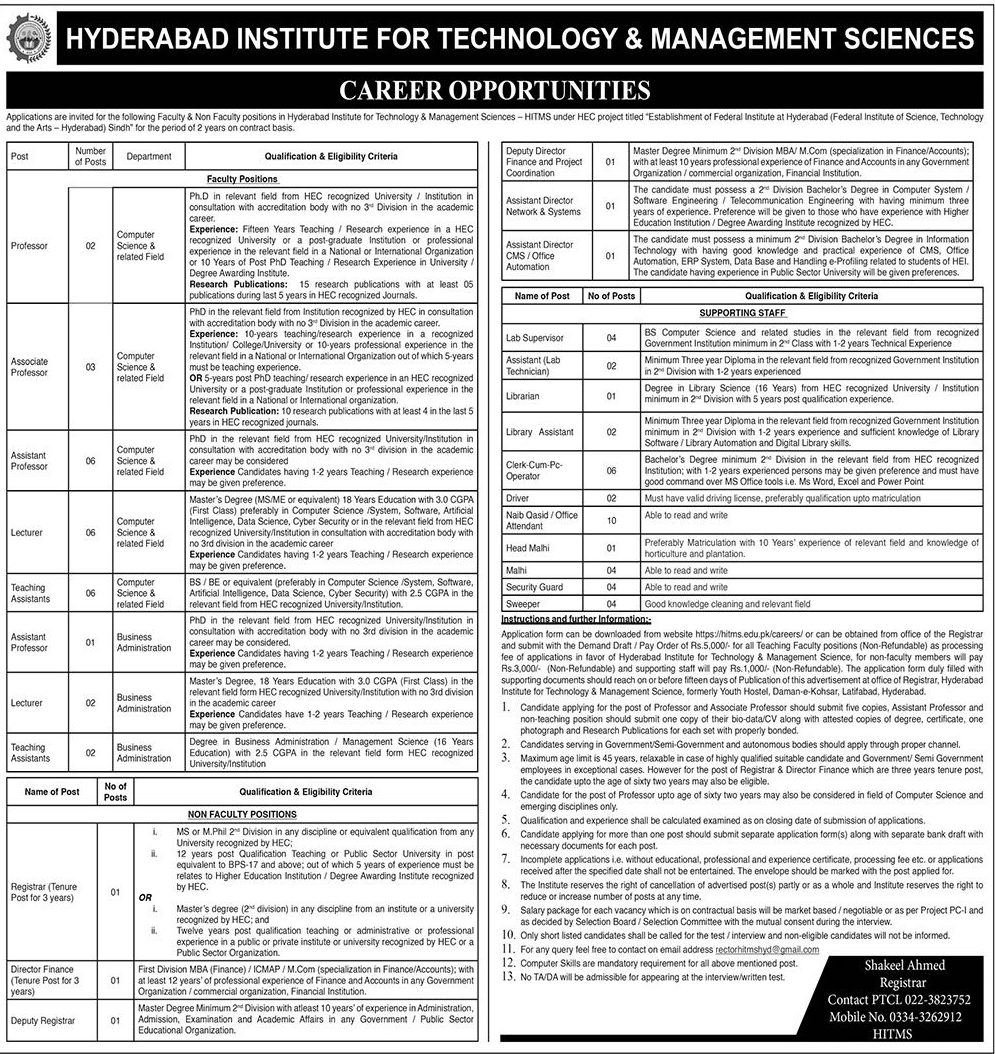 Hyderabad Institute of Technology & Management Sciences (HITMS) Jobs 2024