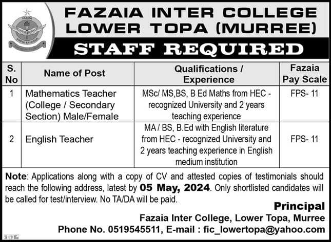 Fazaia Inter College Lower Topa (Murree) Jobs April 2024