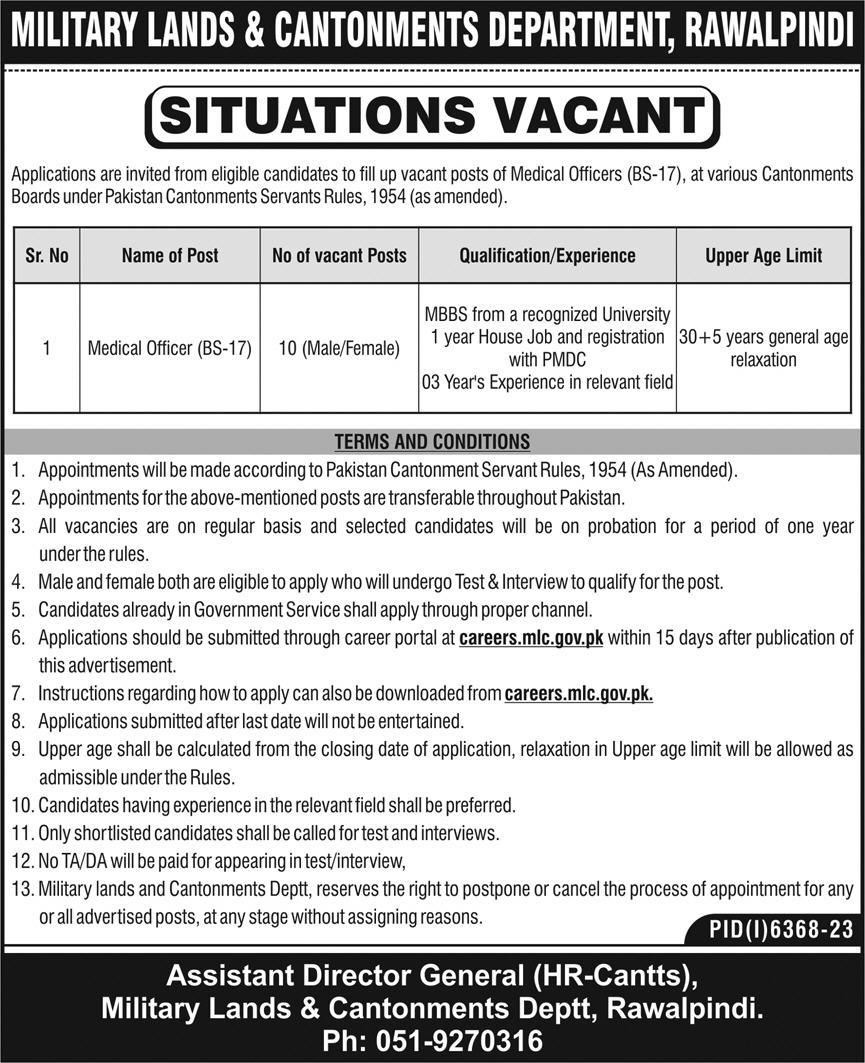 Military Lands & Cantonments Department Rawalpindi Jobs 2024 for Medical Officers (BPS-17)