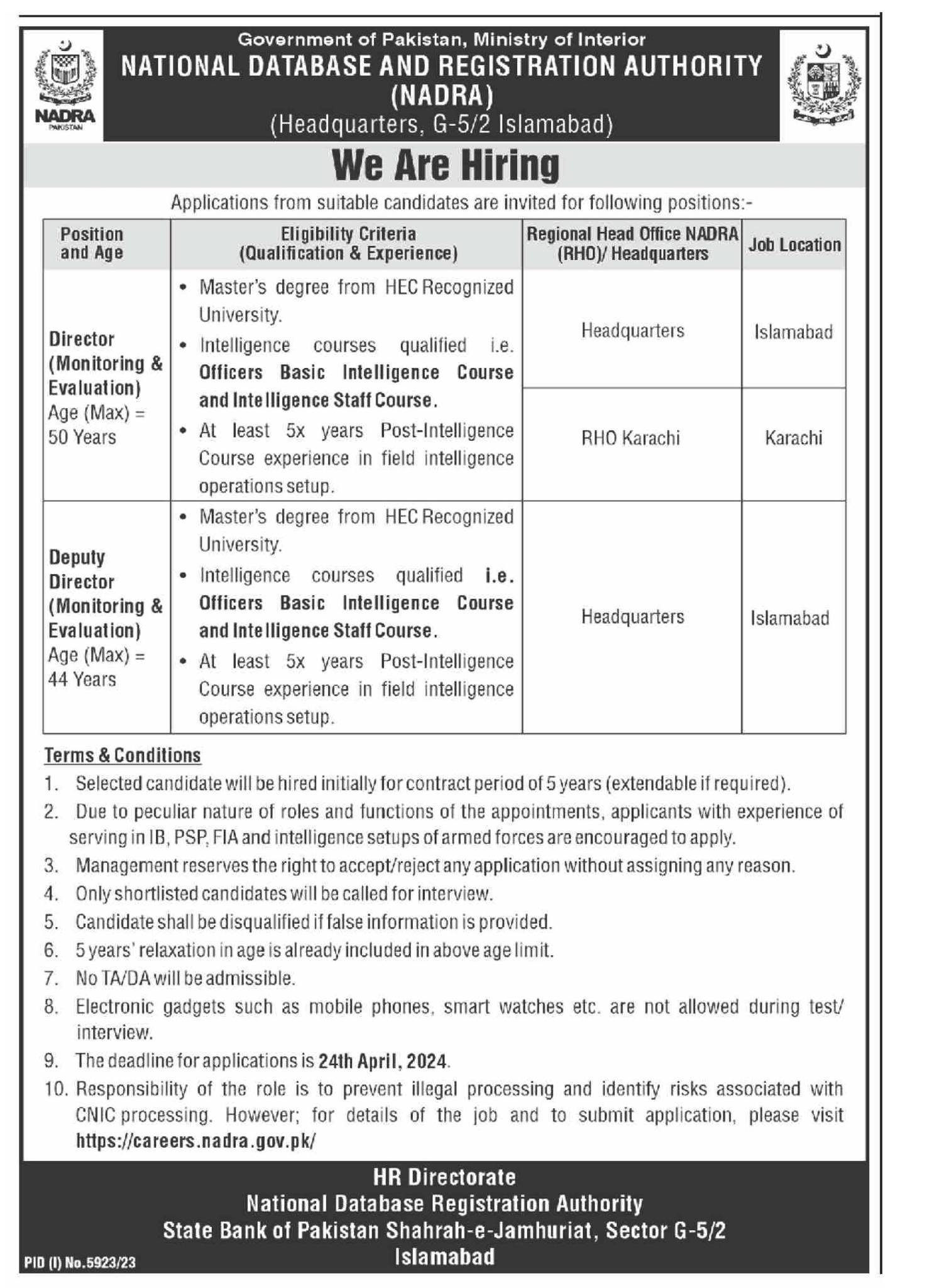 National Database and Registration Authority (NADRA) Jobs April 2024