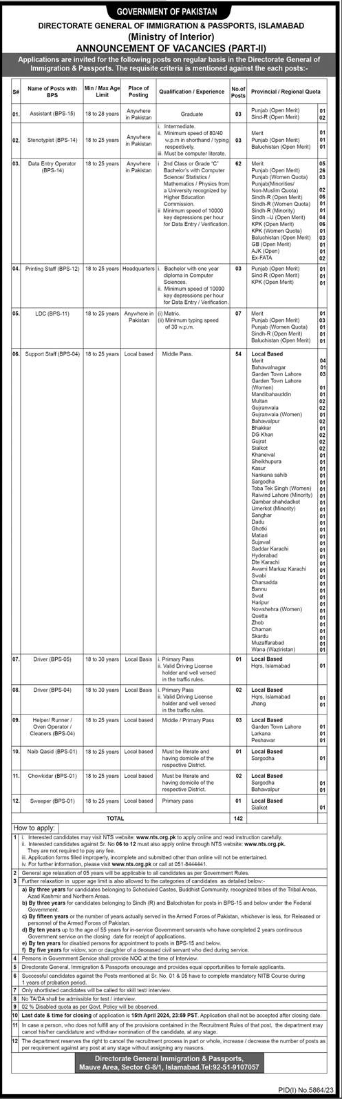 Ministry of Interior Directorate General Immigration & Passports Islamabad Jobs 2024