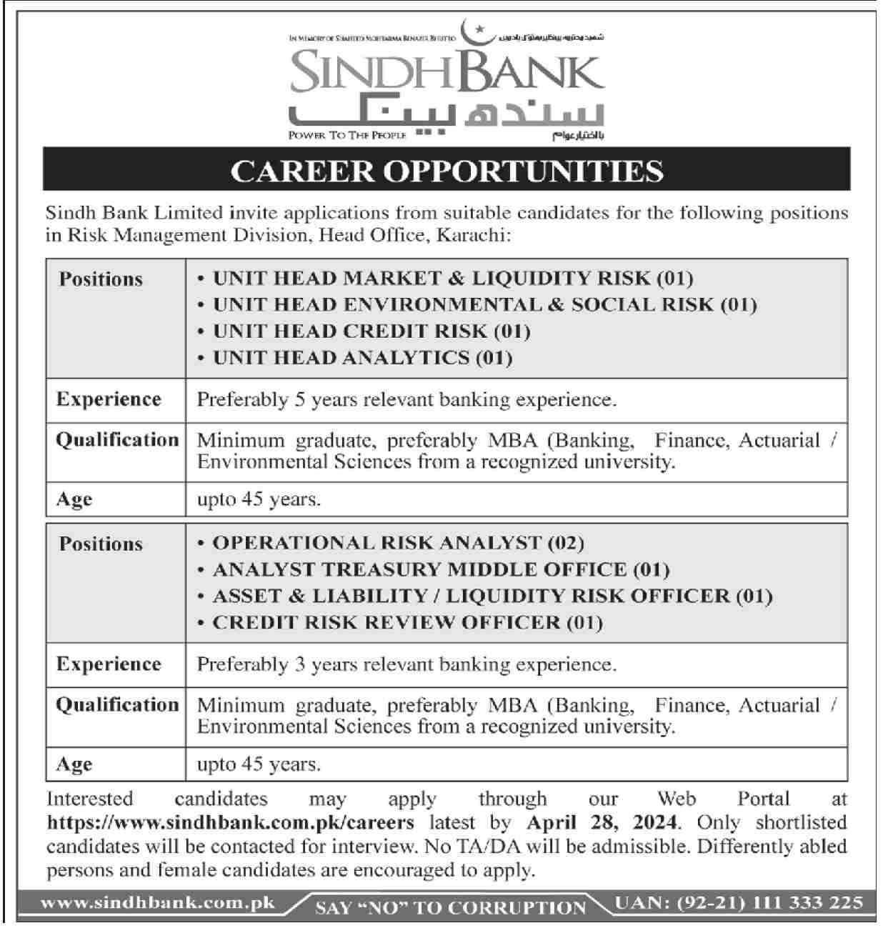 Sindh Bank Limited New Jobs April 2024