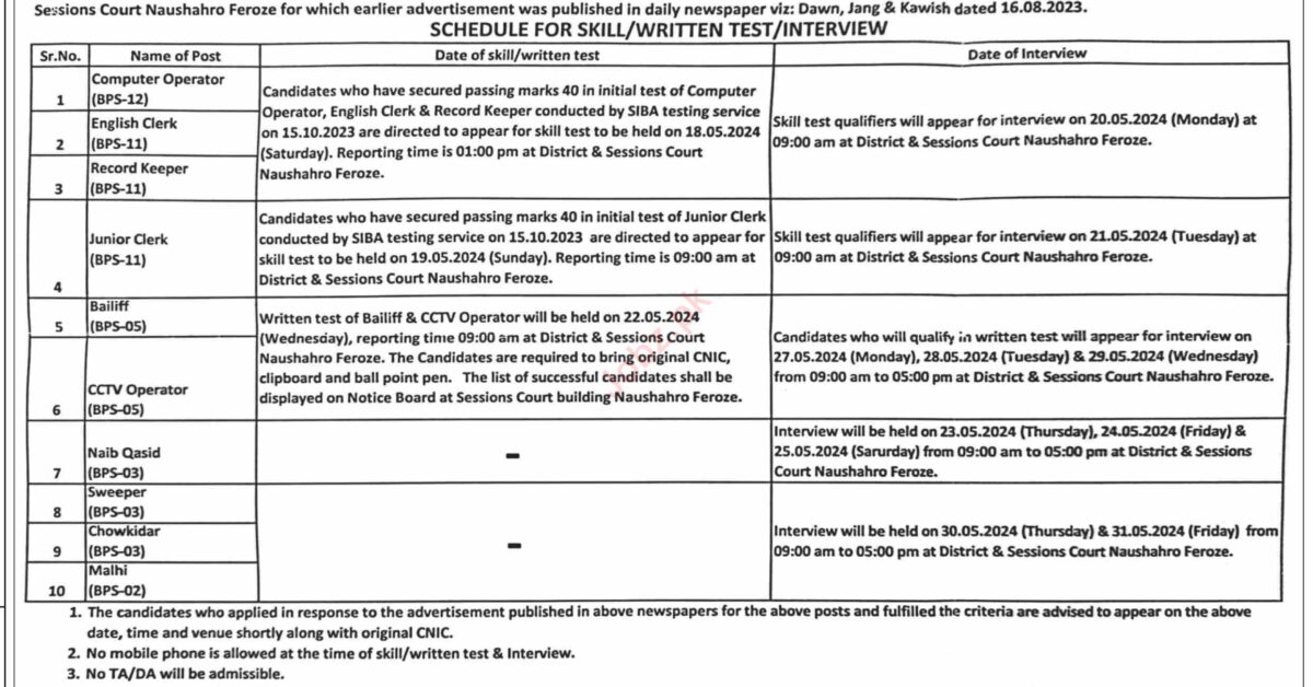 Test And Interviews For Jobs At District & Session Court 2024