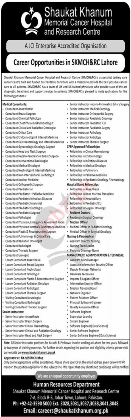 Job Positions At Shaukat Khanum Hospital In Lahore 2024