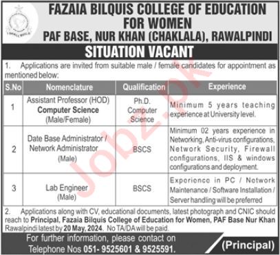 Fazaia Bilquis College Of Education Rawalpindi Jobs 2024